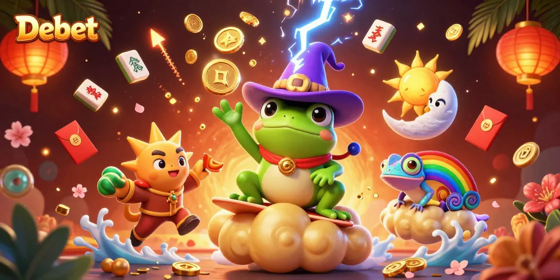 Experience Debet with a vibrant 3D illustration of magical creatures amidst a golden coin storm.