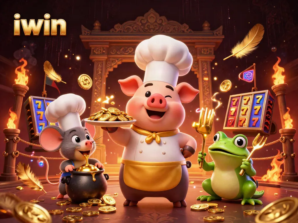 Join the excitement at iwin with a vibrant 3D casino scene featuring characters and golden riches.