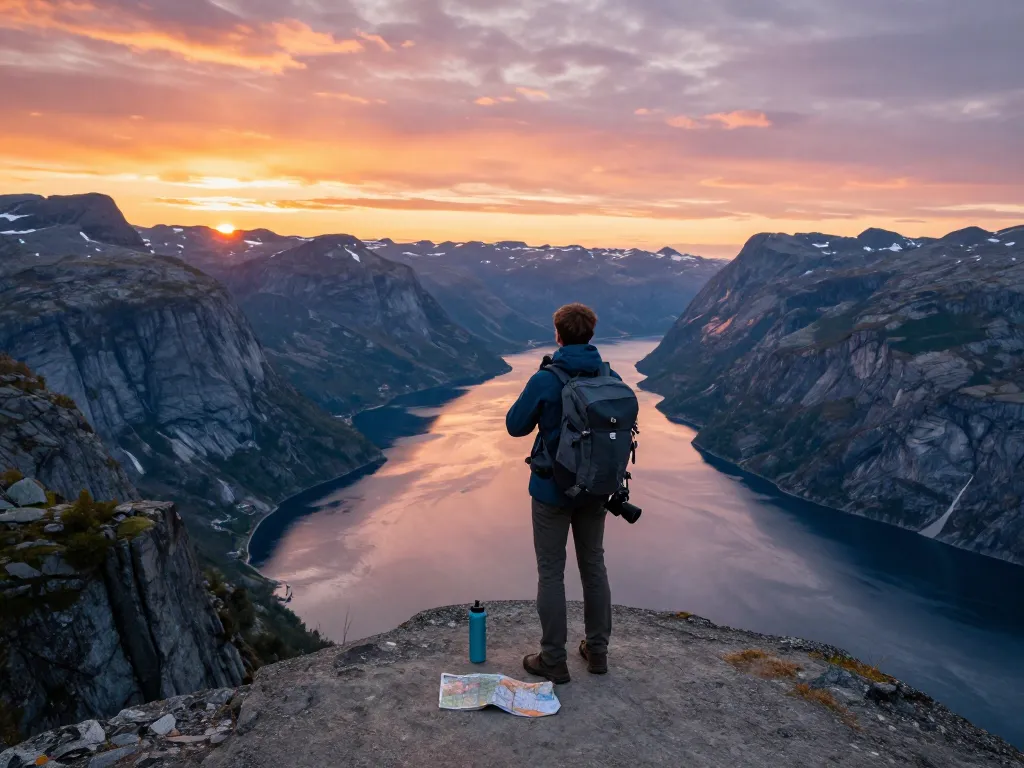 Beeindruckende Fjordlandschaft in Norwegen, die einen Reisenden während seines Urlaubs in Skandinavien zeigt.