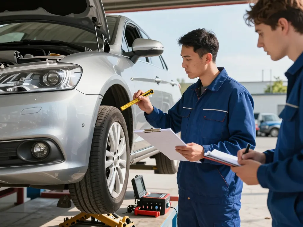 kfz gutachter inspiziert Fahrzeugschäden mit professionellen Werkzeugen in einer Werkstatt