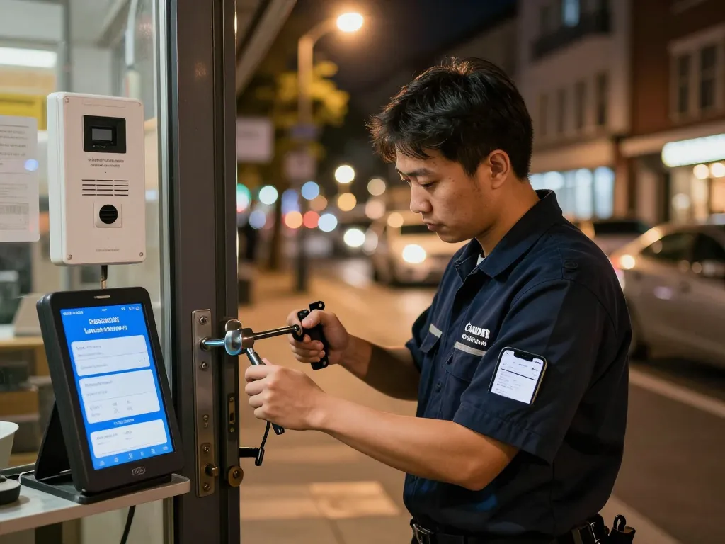 Experte vom Schlüsseldienst Bretten öffnet eine Tür in einer Straßenstadt bei Nacht.