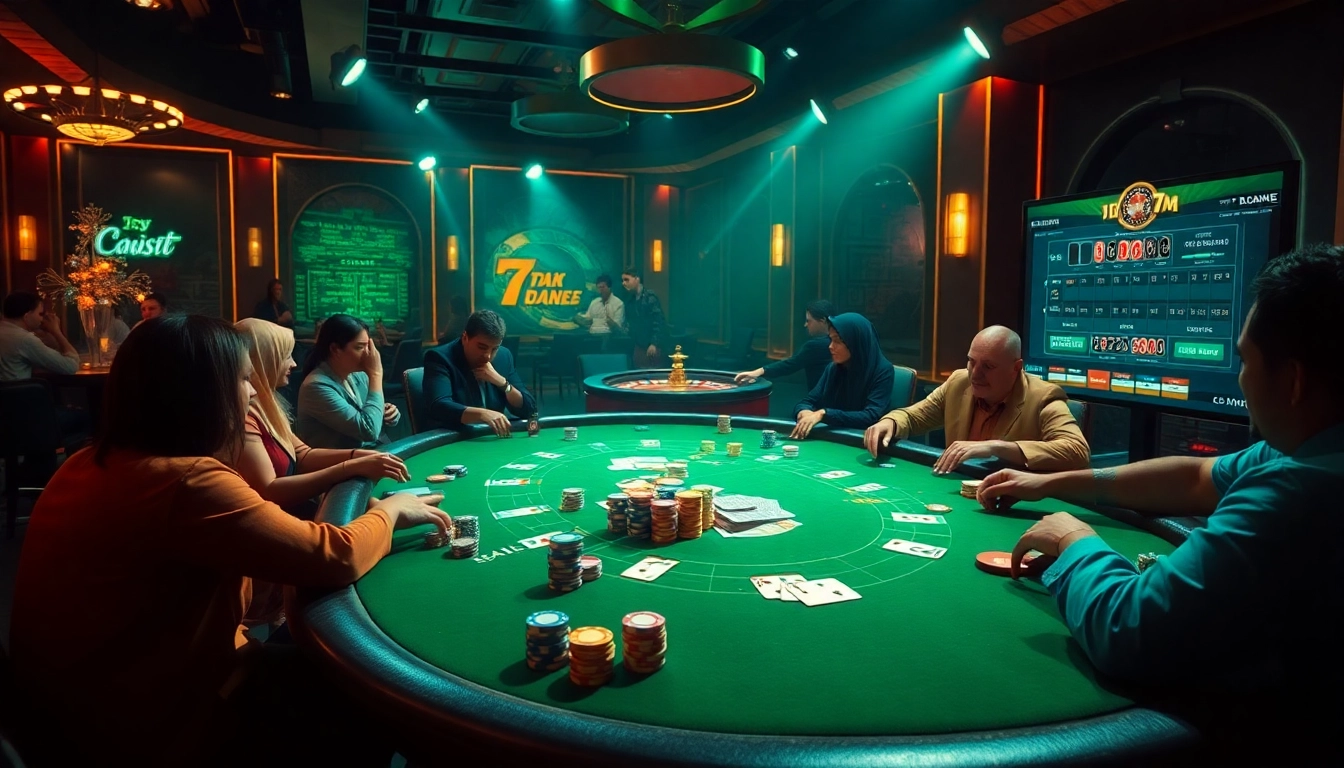 Players strategizing at a vibrant 7m poker table amid thrilling casino action.