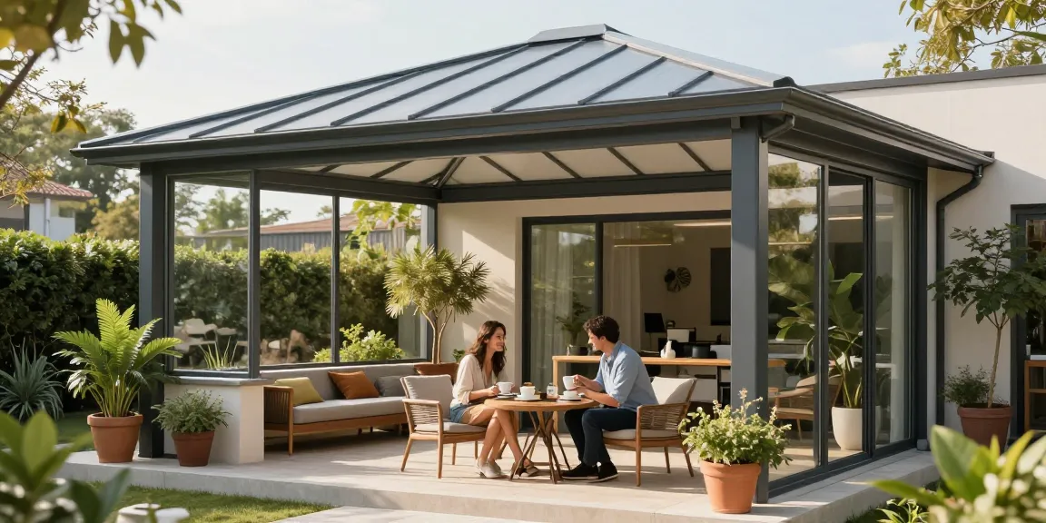 Moderne Terrassenüberdachungen aus Aluminium, die einen einladenden Außenbereich schaffen.