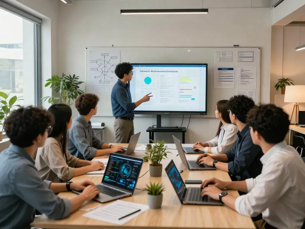 Professionelles Team während der IT-Sicherheitsberatung in einem modernen Büro, strategische Diskussionen und Präsentationen im Vordergrund.