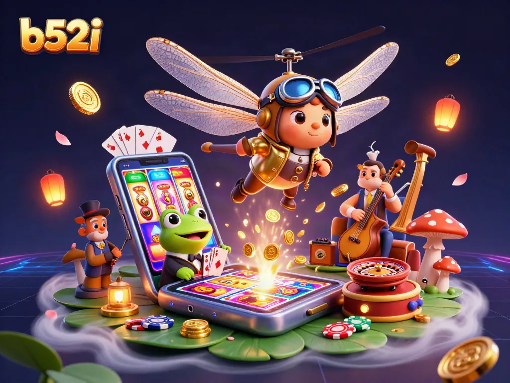 B55i showcases vibrant slot reels and a lively casino scene with characters, cards, and golden coins in action.