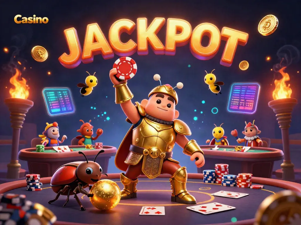 Experience thrilling Casino action with heroic beetles celebrating a victory among glowing chips and cards.
