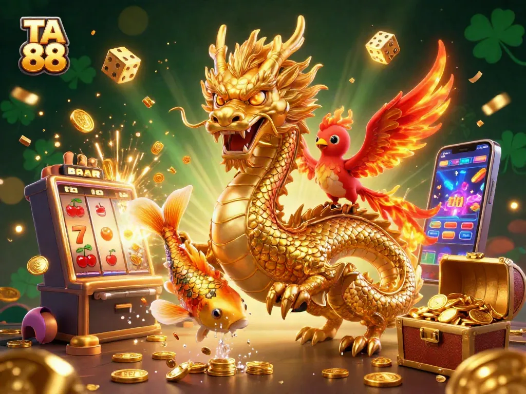 Experience thrilling wins with TA 88 as you encounter a vibrant casino scene featuring a golden dragon and a phoenix.