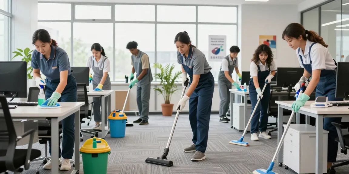 Professional team cleaning in an office setting by putzinstitut bern using eco-friendly products.