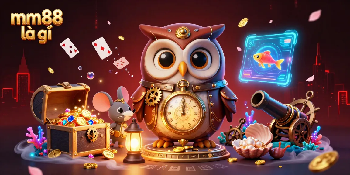 Immerse yourself in the world of mm88 là gì as a cartoon owl and mouse explore a vibrant casino tableau with treasures and cards.