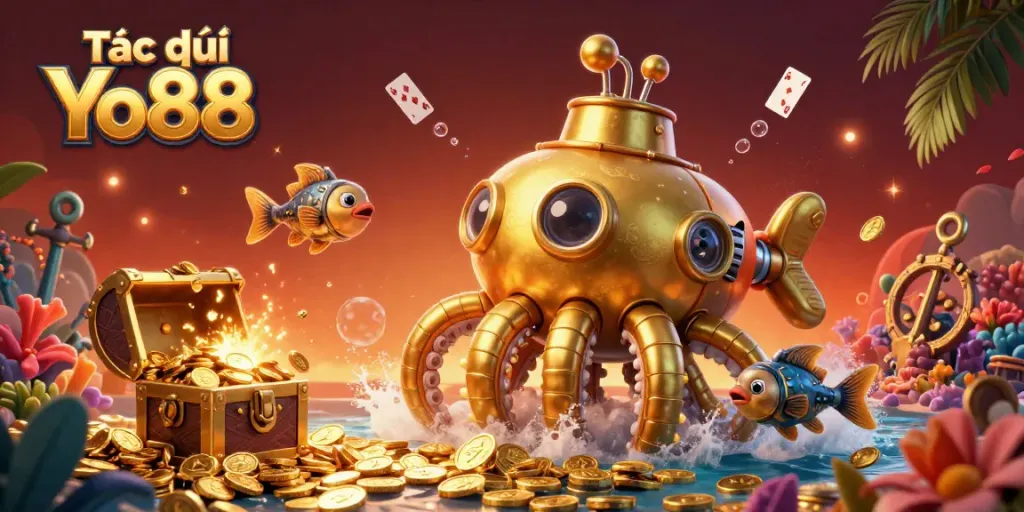 Tác giả Yo88 emerges triumphant amidst golden coins in this captivating 3D scene, showcasing vibrant gambling elements.