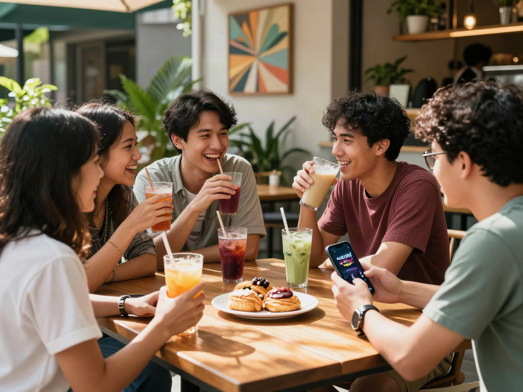 Friends enjoying vibrant café scene discussing rokok88 super trends with colorful drinks.