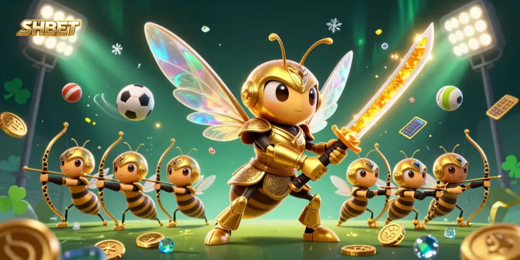 Engage with SHBET's vibrant betting adventure led by a golden hornet warrior and bee archers.