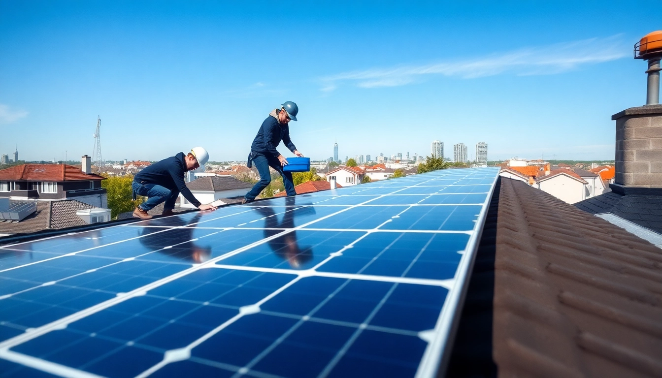 Efficient PV anlagen wien installation on a rooftop in Vienna with workers installing solar panels.