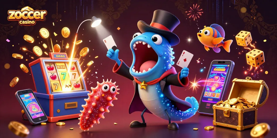 Zoccer Casino features enchanting characters performing magic tricks with vibrant casino elements around.
