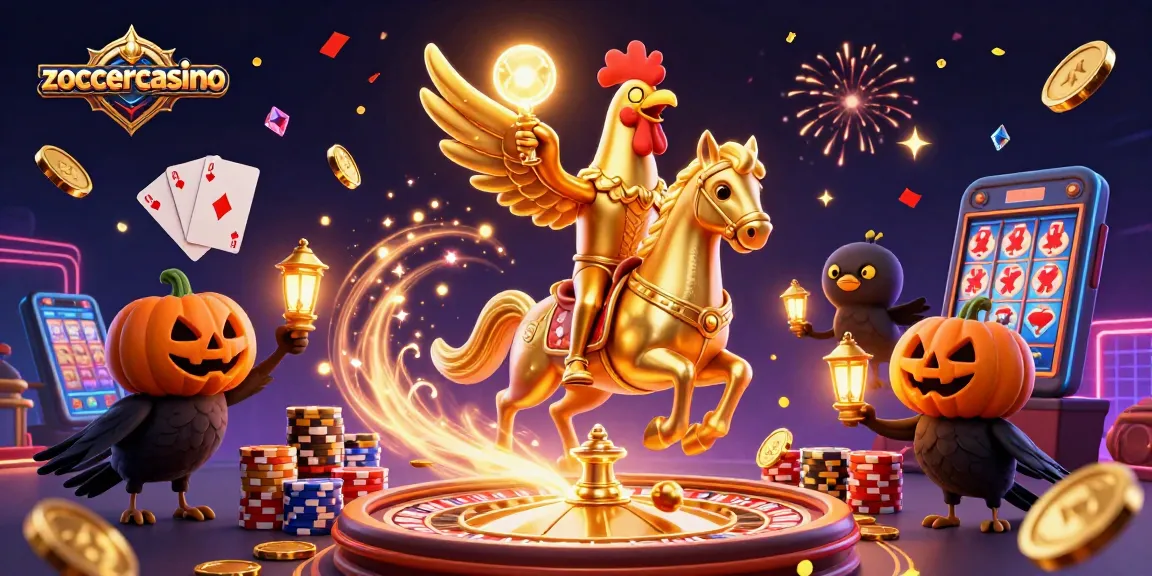 Join the action at zoccercasino with a vibrant casino scene featuring a golden rooster and treasures!