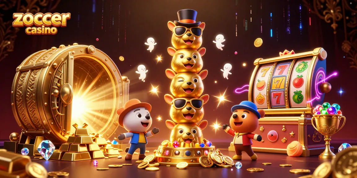 Engage with zoccer casino in this vibrant 3D scene featuring a whimsical totem surrounded by golden treasures and slot symbols.