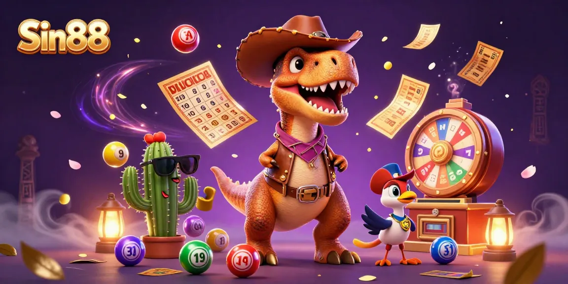 Sin88 captures excitement with vibrant lottery elements, a dinosaur, and dynamic gameplay visuals.